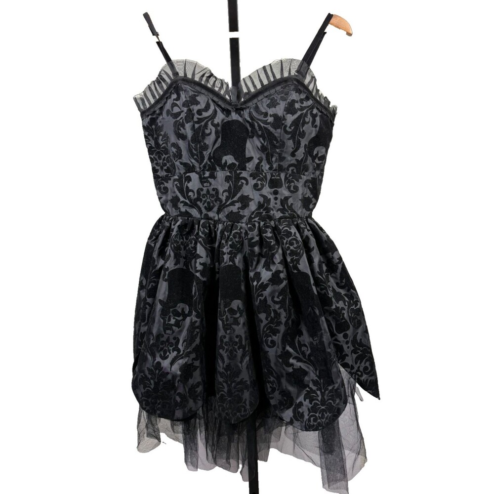 Hell Bunny Black Velvet Skull Damask‎ Gothic Mini Dress Tulle Small Whimsygoth